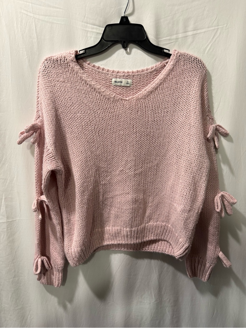 Hollister Pale Pink V-Neck Sweater with Sleeve Bow Details